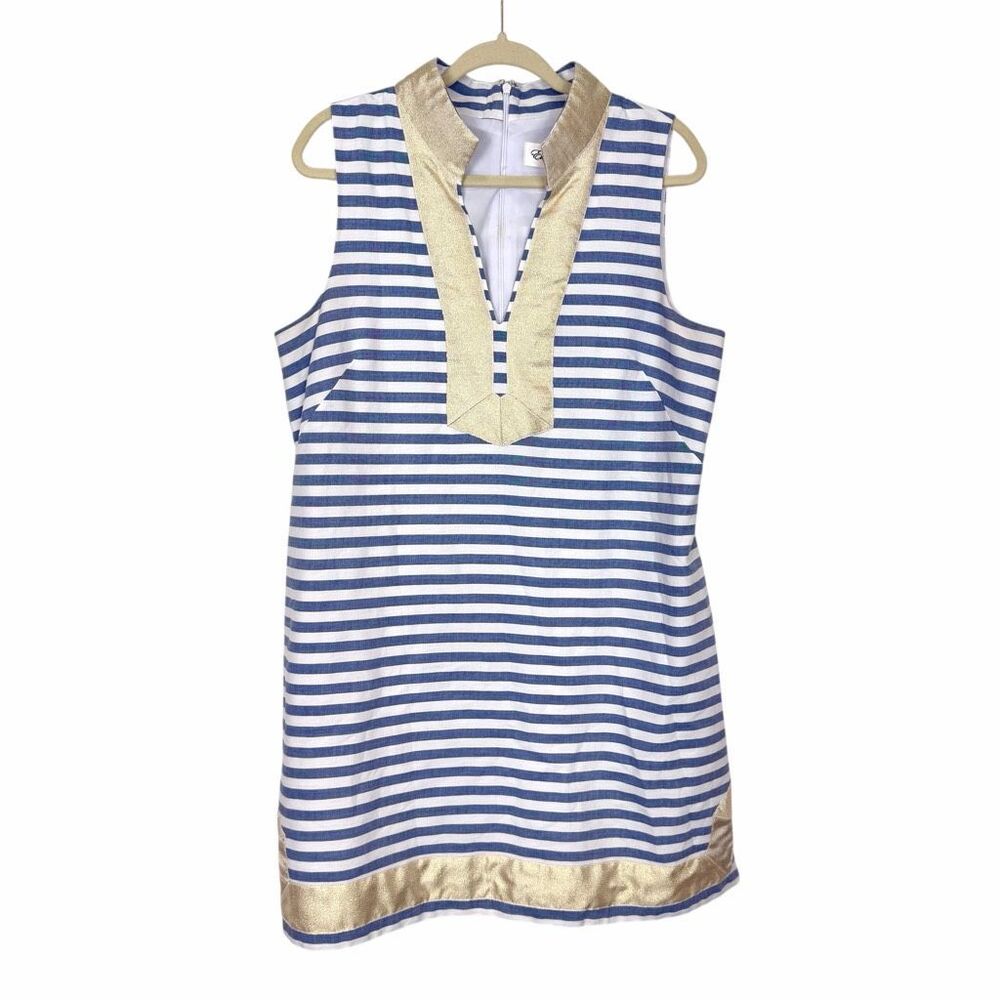 Eliza J Dress 16 Blue White Stripe Nautical Gold V Neck Cotton Mini Tunic short - Picture 2 of 16